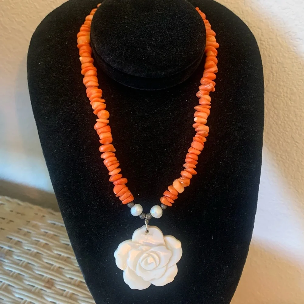 Orange Beaded Necklace with White Flower Pendant - Picture 1 of 11